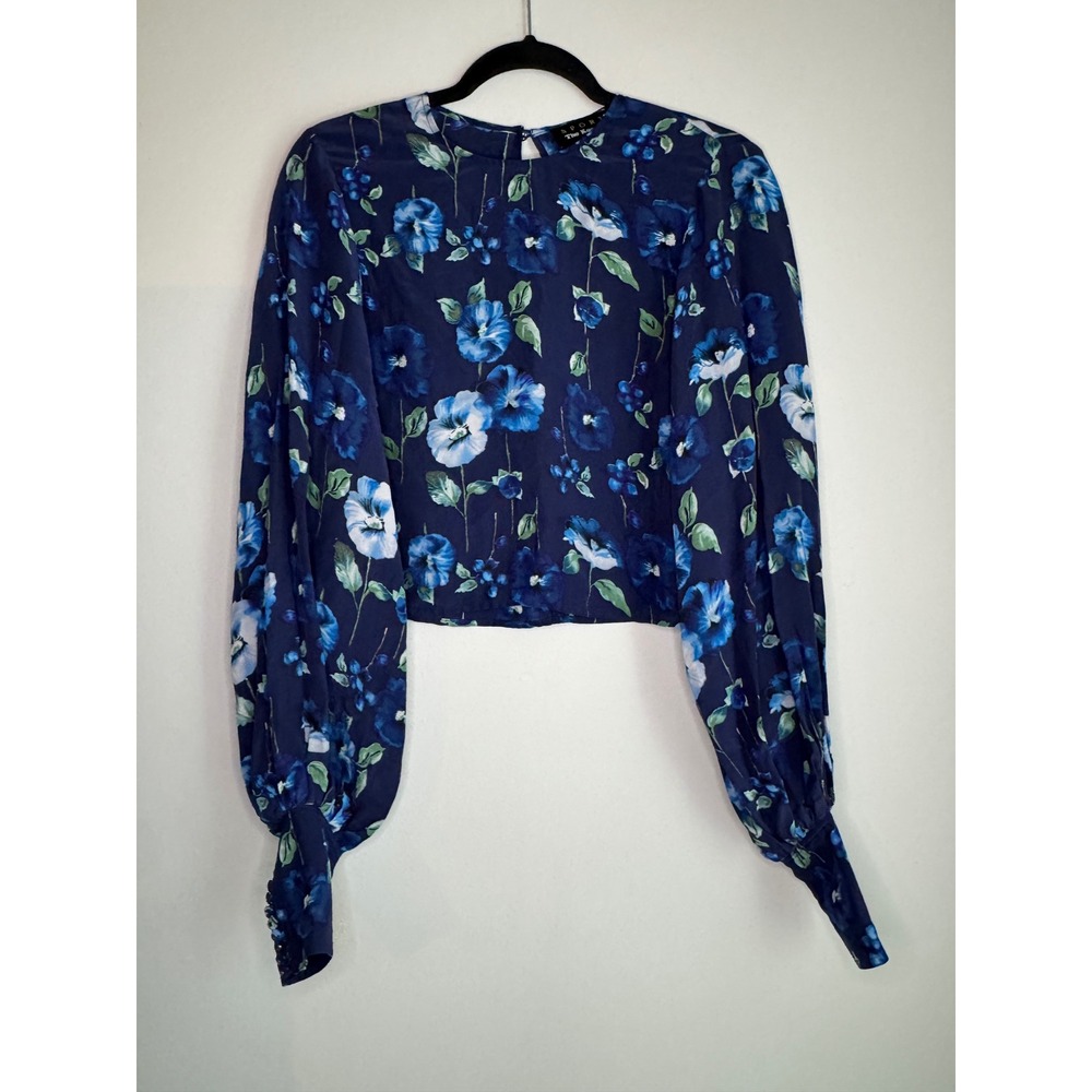 The Kooples Sport Blue Floral Balloon Sleeve Cropped Blouse Size 1